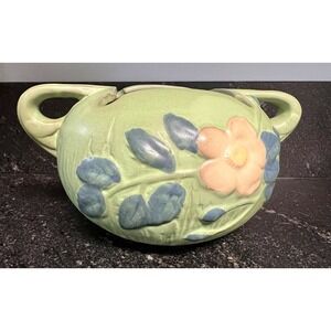 Roseville Magnolia Art Pottery Bowl 387-4 Double Handle Green Pink Floral